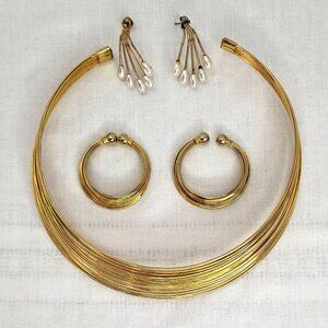 Vintage WIRE CHOKER & EARRING SET Gold Pearl MCM CLASSIC